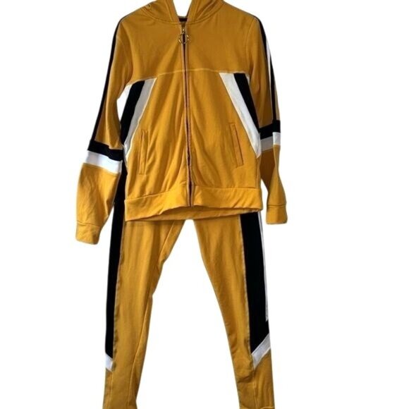 Yellow & Black Tracksuit Set With Hoodie & Striped Design L/XL - Picture 1 of 14